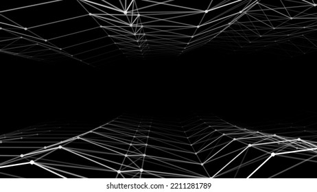 Abstract futuristic infinite way. Dynamic wireframe on the dark background. Fantasy fractal with lines and dots. Deep wormhole with particle flow. Vector illustration.