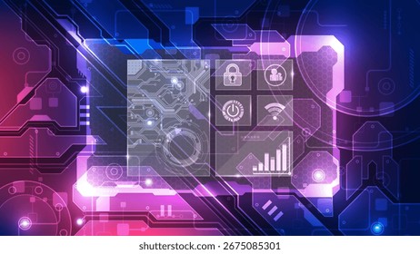Abstract futuristic interface background featuring digital circuit board patterns, glowing icons of security, WiFi, power, and analytics, symbolizing modern technology and innovation.