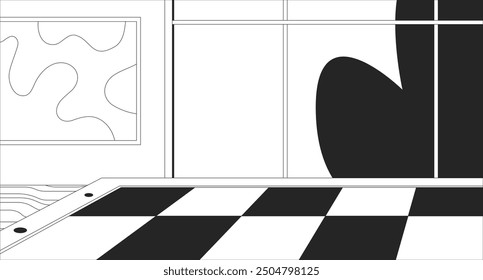 Abstract futuristic interior black and white line illustration. Checkerboard chess board 2D indoors monochrome background. Empty chessboard surface retro. Glass windows outline vector image