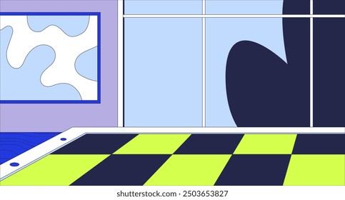 Abstract futuristic interior cartoon flat illustration. Checkerboard chess board 2D indoors colorful background. Empty chessboard surface retro. Glass windows scene vector storytelling image