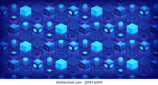 Abstract futuristic isometric background Technology connection digital data and big data concept Block chain technology with polygonal shapes on dark blue Illustration vector design digital concept