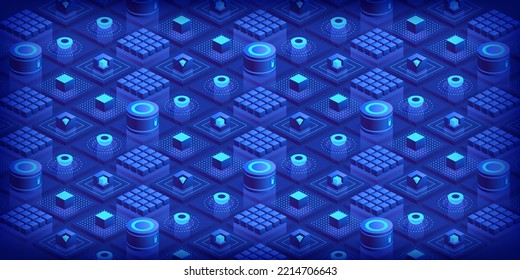 Resumen fondo isométrico futurista Conexión de tecnología datos digitales y concepto de big data Tecnología de cadena de bloques con formas poligonales en azul oscuro Diseño vectorial de ilustración concepto digital
