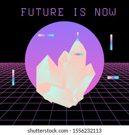 Abstract futuristic landscape with laser perspective grid and magic crystals like in old arcade video game. 