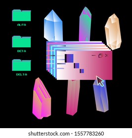 Abstract futuristic landscape with magic crystals like in old arcade video game. Vaporwave and synthwave 80s-90s retro style illustration.