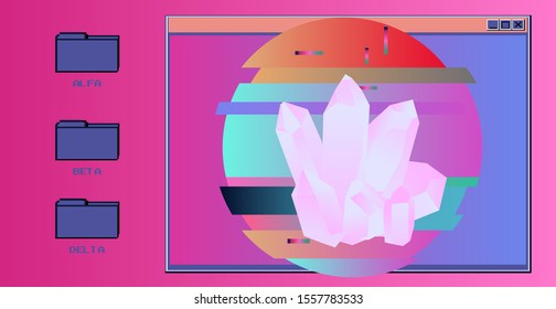 Abstract futuristic landscape with magic crystals like in old arcade video game. Vaporwave and synthwave 80s-90s retro style illustration.