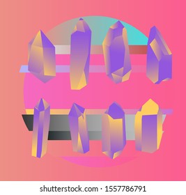 Abstract futuristic landscape with magic crystals like in old arcade video game. Vaporwave and synthwave 80s-90s retro style illustration.