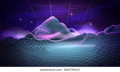 Abstract futuristic landscape with neon wireframe mountain and galaxy night sky. Vector illustration of 80s retro sci fi background with laser grid perspective, glowing scenery in vaporwave style.