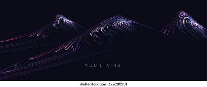 Abstract Futuristic Lanscape Of Mountain Splopes Formed Of Bright Lines With Rays Of Light, Dark Night Digital Design