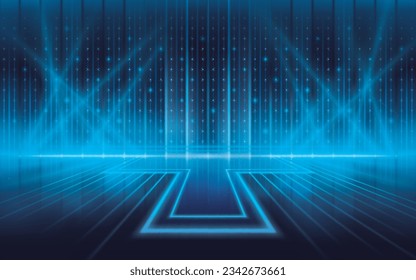 Resumen de líneas de luces futuristas de fondo. Elegante efecto de iluminación de escena. Los puntos de luz se muestran en el escenario brillando. Líneas de rayas diagonales con rayos luminosos brillantes. Formas y focos futuristas láser