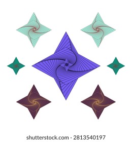 Abstract futuristic line grid design forming symmetrical diamond shapes with colorful twisted vortex patterns isolated on white background.
