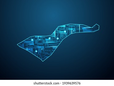 Abstract futuristic map of american Samoa.Circuit Board Design Electric of the region. Technology background. mash line and point scales on dark with map.