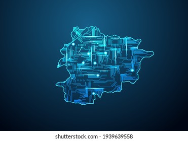 Abstract futuristic map of andorra.Circuit Board Design Electric of the region. Technology background. mash line and point scales on dark with map.