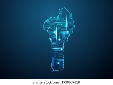 Resumen de mapa futurista de benín.Circuito de diseño de placa eléctrica de la región. Antecedentes tecnológicos. la línea de máscaras y los puntos se balancean en la oscuridad con el mapa.