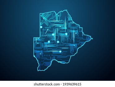Abstract futuristic map of botswana.Circuit Board Design Electric of the region. Technology background. mash line and point scales on dark with map.