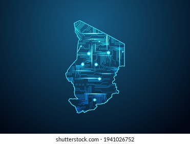 Abstract futuristic map of chad.Circuit Board Design Electric of the region. Technology background. mash line and point scales on dark with map.