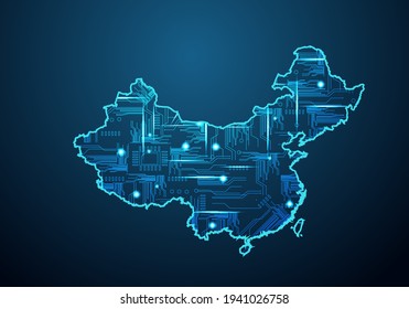 Abstract futuristic map of china.Circuit Board Design Electric of the region. Technology background. mash line and point scales on dark with map.