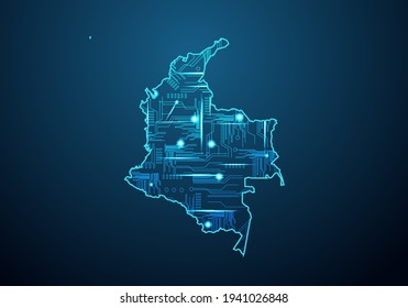 Abstract futuristic map of colombia.Circuit Board Design Electric of the region. Technology background. mash line and point scales on dark with map.