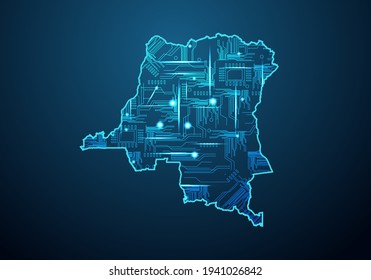 Abstract futuristic map of congo DR.Circuit Board Design Electric of the region. Technology background. mash line and point scales on dark with map.