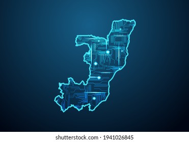 Abstract futuristic map of congo.Circuit Board Design Electric of the region. Technology background. mash line and point scales on dark with map.