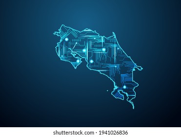 Abstract futuristic map of costa Rica.Circuit Board Design Electric of the region. Technology background. mash line and point scales on dark with map.