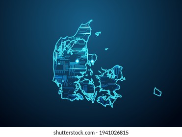 Abstract futuristic map of denmark.Circuit Board Design Electric of the region. Technology background. mash line and point scales on dark with map.