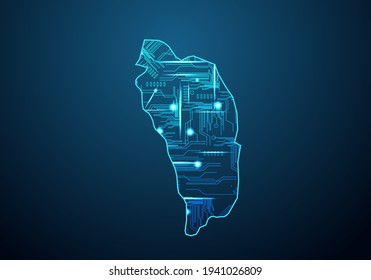 Abstract futuristic map of dominica.Circuit Board Design Electric of the region. Technology background. mash line and point scales on dark with map.