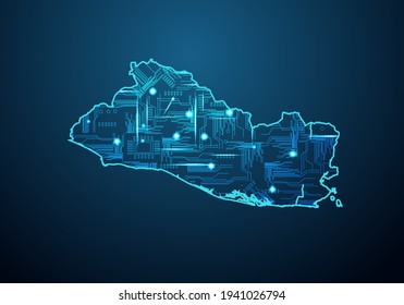 Abstrakte futuristische Karte von El Salvador.Circuit Board Design Electric der Region. Technischer Hintergrund. Maislinie und Punktwaage dunkel mit Karte.