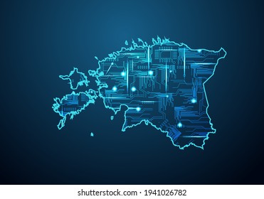 Abstract futuristic map of estonia.Circuit Board Design Electric of the region. Technology background. mash line and point scales on dark with map.