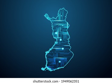Abstract futuristic map of finland.Circuit Board Design Electric of the region. Technology background. mash line and point scales on dark with map.