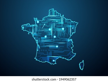 Abstract futuristic map of france.Circuit Board Design Electric of the region. Technology background. mash line and point scales on dark with map.