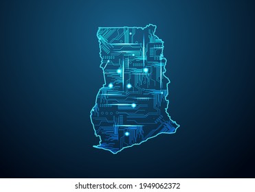 Abstract futuristic map of ghana.Circuit Board Design Electric of the region. Technology background. mash line and point scales on dark with map.