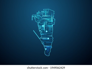 Abstract futuristic map of gibraltar.Circuit Board Design Electric of the region. Technology background. mash line and point scales on dark with map.