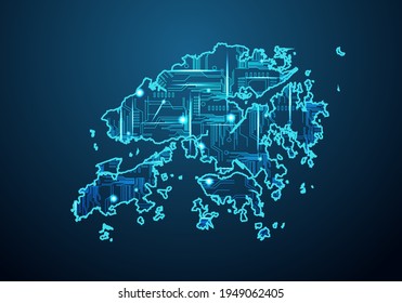 Abstract futuristic map of hong Kong. Circuit Board Design Electric of the region. Technology background. mash line and point scales on dark with map.