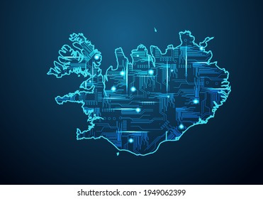 Abstract futuristic map of iceland. Circuit Board Design Electric of the region. Technology background. mash line and point scales on dark with map.