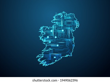 Resumen de mapa futurista de irlanda. Circuito de diseño eléctrico de placa de la región. Antecedentes tecnológicos. la línea de máscaras y los puntos se balancean en la oscuridad con el mapa.