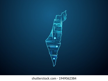 Abstract futuristic map of israel. Circuit Board Design Electric of the region. Technology background. mash line and point scales on dark with map.