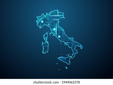 Abstract futuristic map of italy. Circuit Board Design Electric of the region. Technology background. mash line and point scales on dark with map.