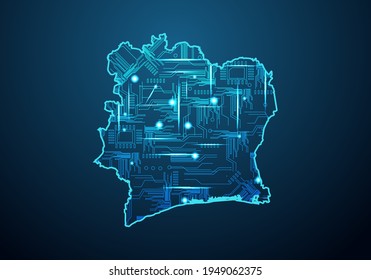 Abstract futuristic map of ivory Coast. Circuit Board Design Electric of the region. Technology background. mash line and point scales on dark with map.