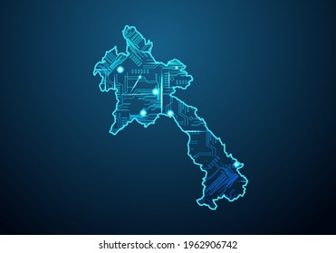 Abstrakte futuristische Karte von Laos. Circuit Board Design Electric der Region. Technischer Hintergrund. Maislinie und Punktwaage dunkel mit Karte.
