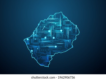 Abstract futuristic map of lesotho. Circuit Board Design Electric of the region. Technology background. mash line and point scales on dark with map.