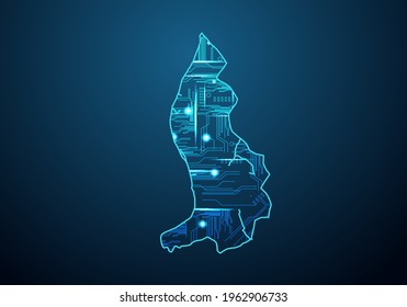 Abstract futuristic map of liechtenstein. Circuit Board Design Electric of the region. Technology background. mash line and point scales on dark with map.