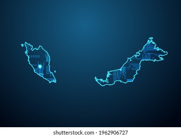 Abstract futuristic map of malaysia. Circuit Board Design Electric of the region. Technology background. mash line and point scales on dark with map.