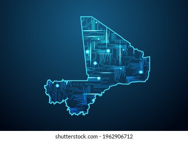 Abstract Futuristic Map Of Mali. Circuit Board Design Electric Of The Region. Technology Background. Mash Line And Point Scales On Dark With Map.