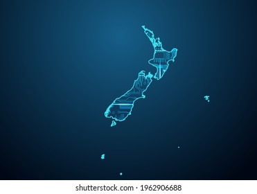 Abstract futuristic map of new Zealand. Circuit Board Design Electric of the region. Technology background. mash line and point scales on dark with map.