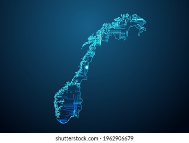 Abstract futuristic map of norway. Circuit Board Design Electric of the region. Technology background. mash line and point scales on dark with map.