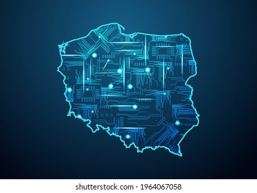 Abstract Futuristic Map Of Poland. Circuit Board Design Electric Of The Region. Technology Background. Mash Line And Point Scales On Dark With Map.