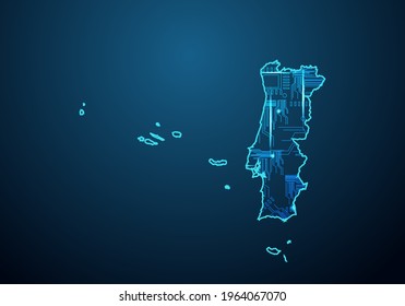 Abstract futuristic map of portugal. Circuit Board Design Electric of the region. Technology background. mash line and point scales on dark with map.