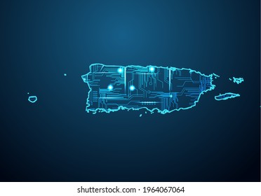 Abstract futuristic map of puerto Rico. Circuit Board Design Electric of the region. Technology background. mash line and point scales on dark with map.