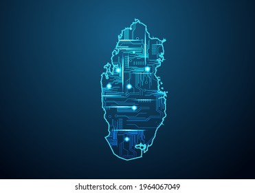 Abstract futuristic map of qatar. Circuit Board Design Electric of the region. Technology background. mash line and point scales on dark with map.