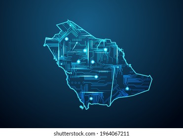 Abstract futuristic map of saudi Arabia. Circuit Board Design Electric of the region. Technology background. mash line and point scales on dark with map.